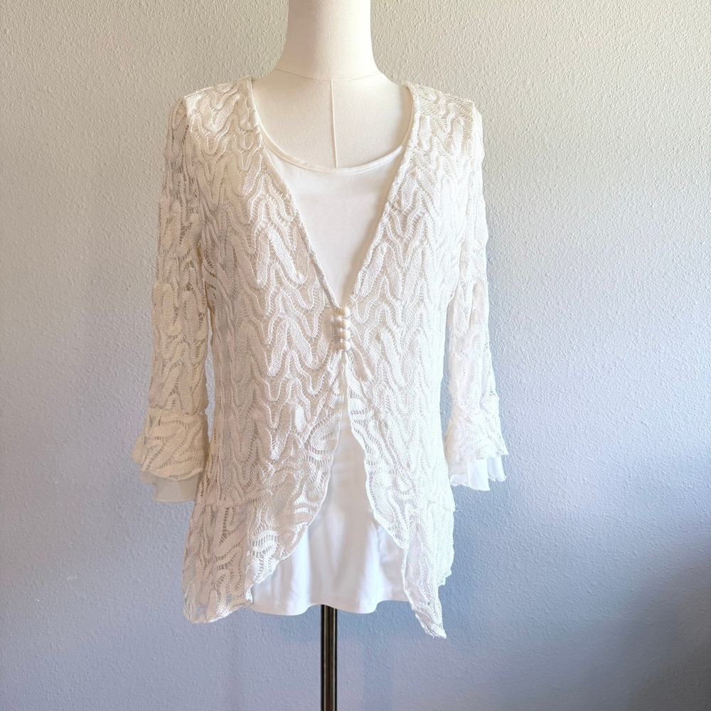 White Lace 2-Piece Layered Cardigan & Tank Set Petite L Cottagecore Bell Sleeve